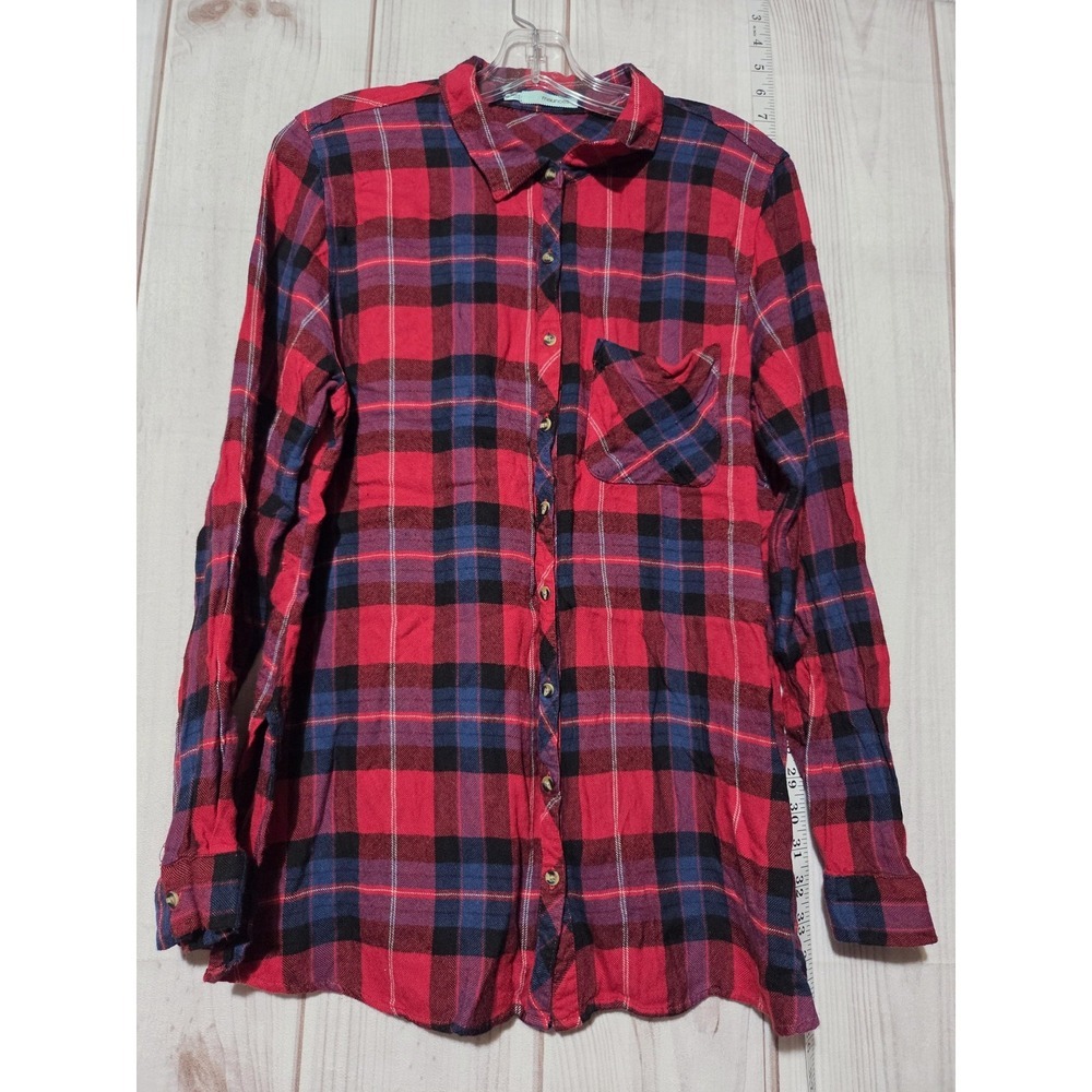 Maurices Womens XL Red Blue Plaid Button Down Shirt Rayon Soft Flannel Feel Top